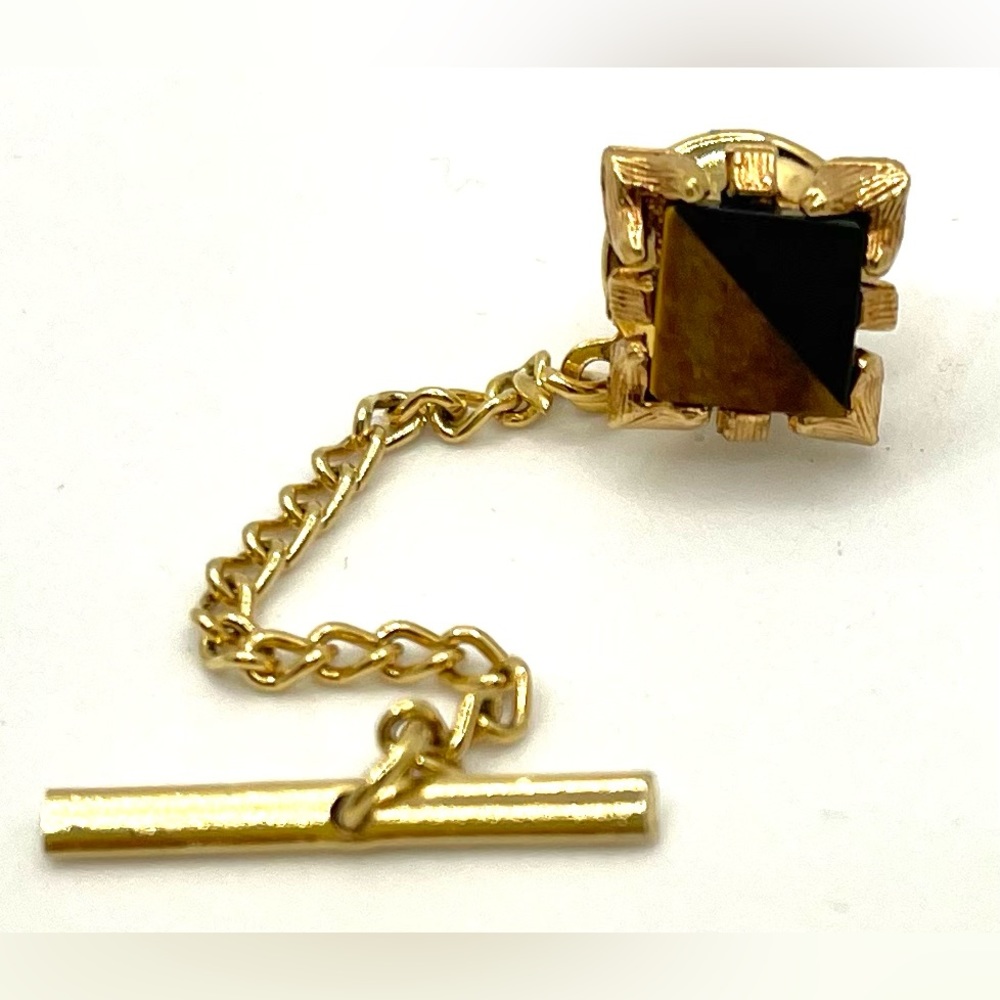 Vintage Gold Tone Banded black onyx & tiger eye stones. Tie Tack